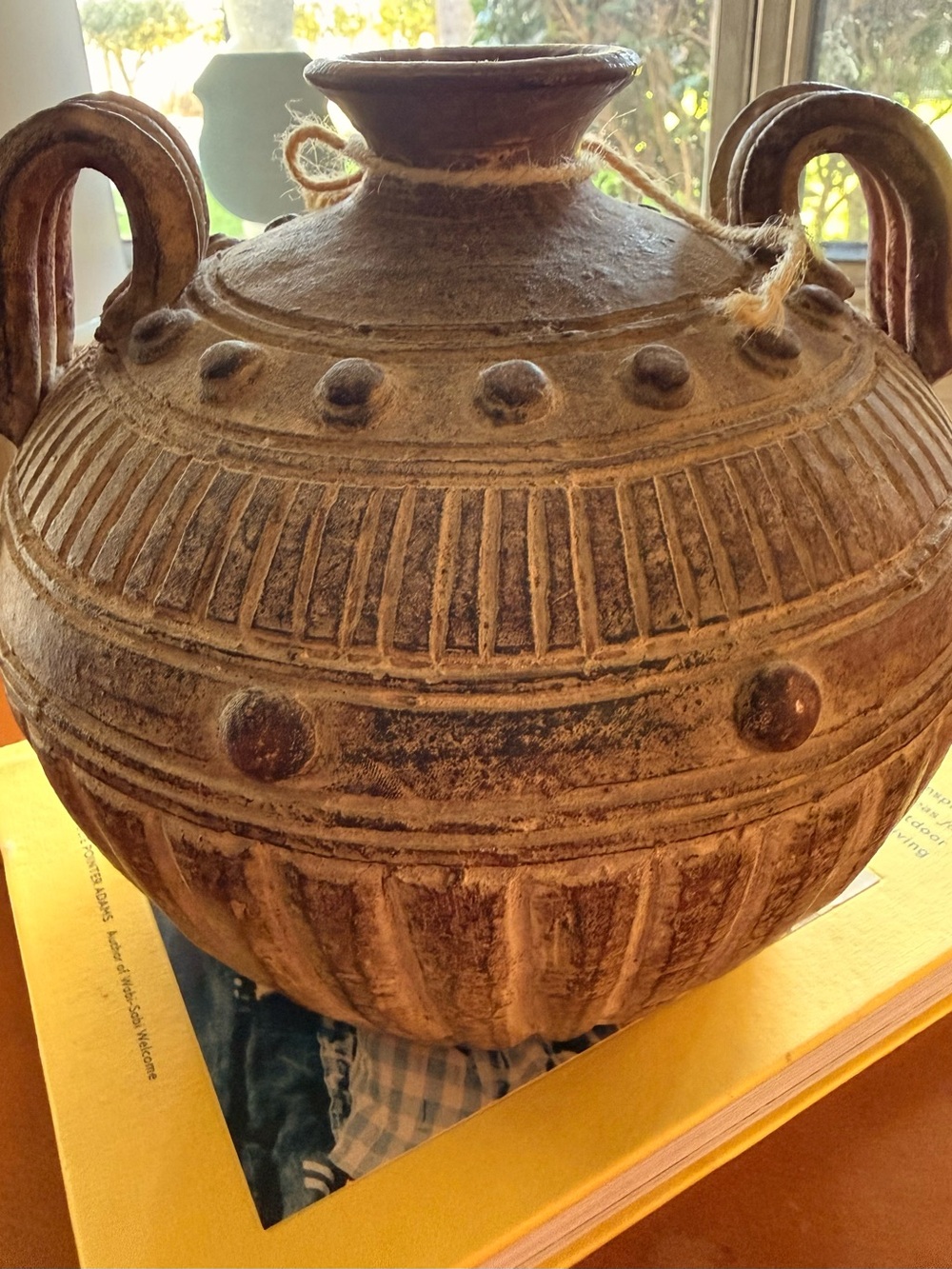 Vintage Handcrafted Brown Ceramic Decorative Urn with Textured Relief